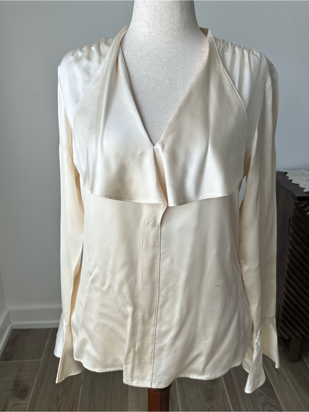 Vintage Talbot Cream Silk Satin V-Neck Draped-Front Blouse